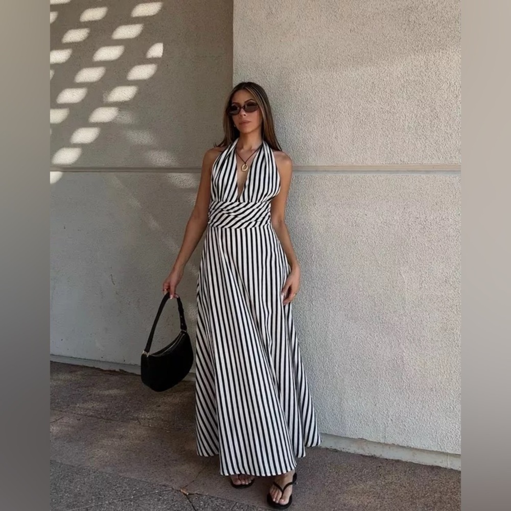 Commense Striped Halter Maxi Dress